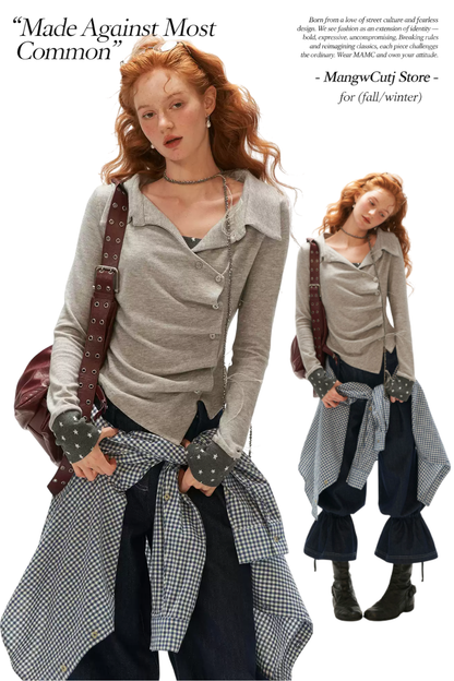 MAMC - Gray Star-Print Layered Polo Collar Long Sleeve Top