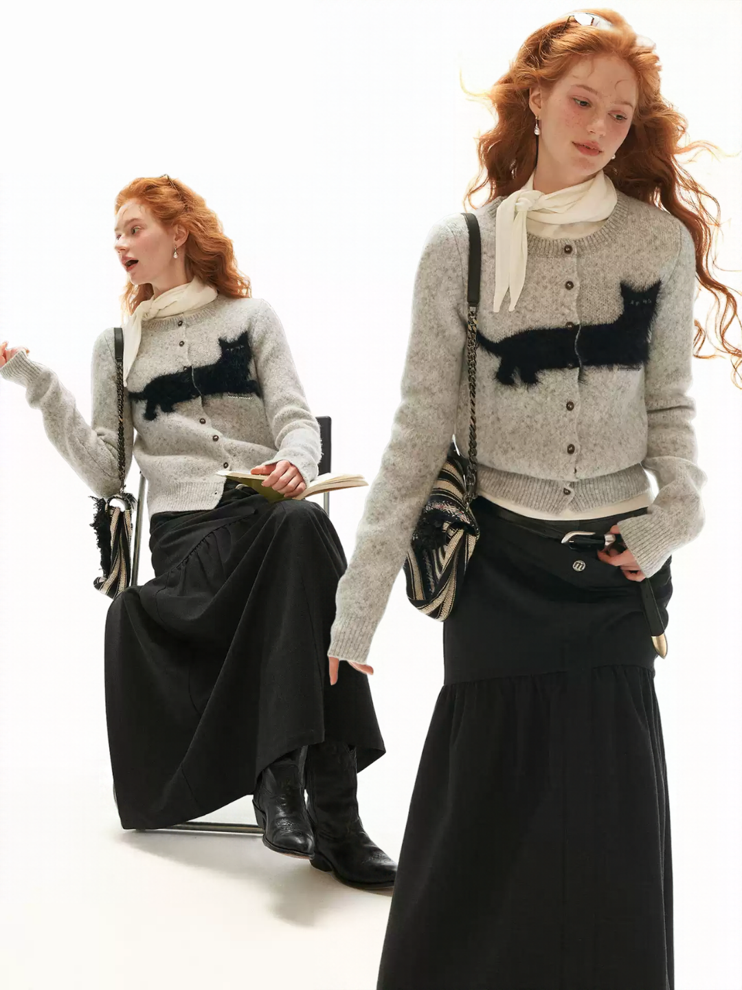 MAMC - Gray Fluffy Black Cat Jacquard Cropped Knit Cardigan