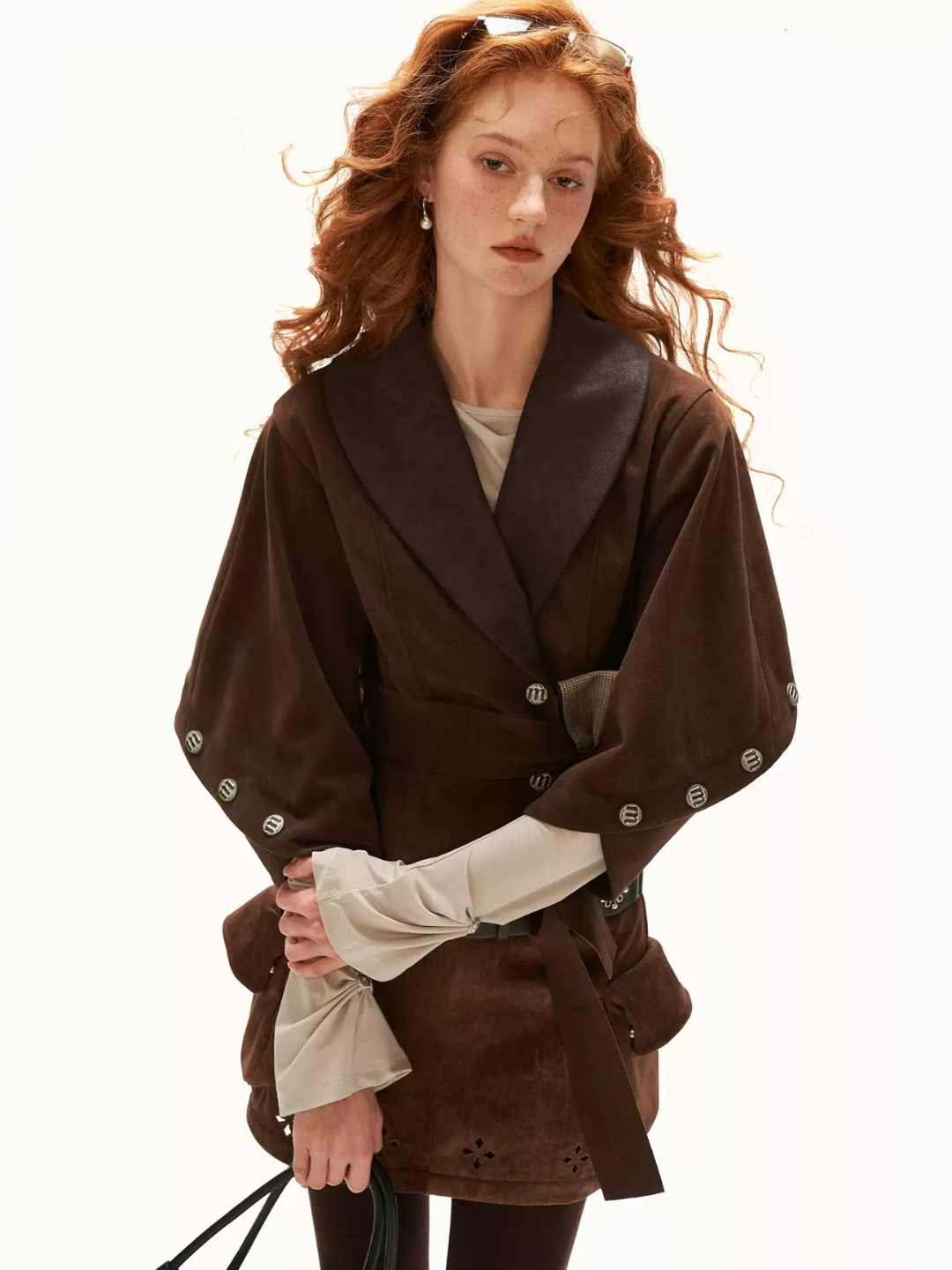 MAMC - Brown Faux Suede Cropped Jacket with Leather-Look Lapels and Belt