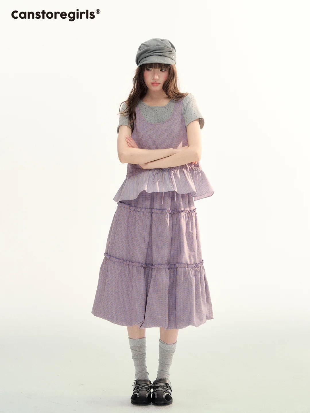 Lavender Plaid Bubble Top & Tiered Skirt Set SJ2026091