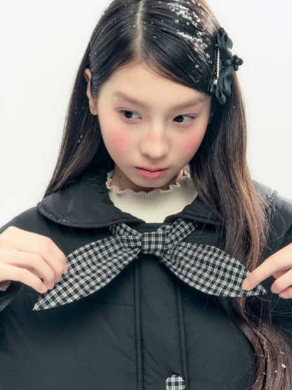 "Starry Night Little Witch" Black Long Down Coat with Detachable Bunny Bow Collar