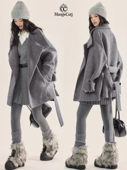 EPTISON - Minimalist Belted Wool Overcoat with Stand Collar – Grey & Black