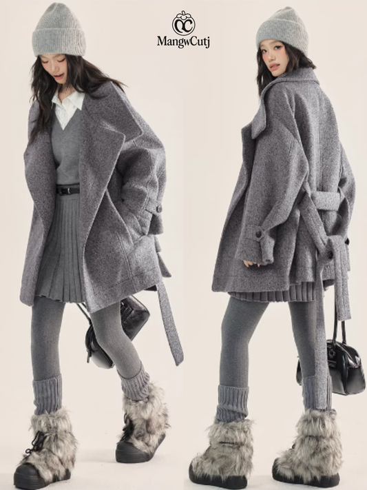 EPTISON - Minimalist Belted Wool Overcoat with Stand Collar – Grey & Black