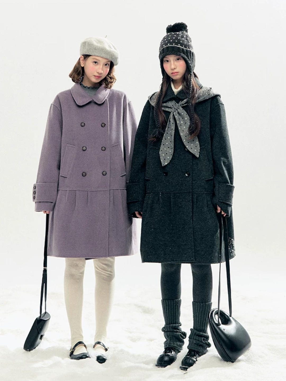 Horridale - "Winter Chime" Double-Breasted Quilted Wool-Blend Coat (Smoky Purple/ Ash Gray)
