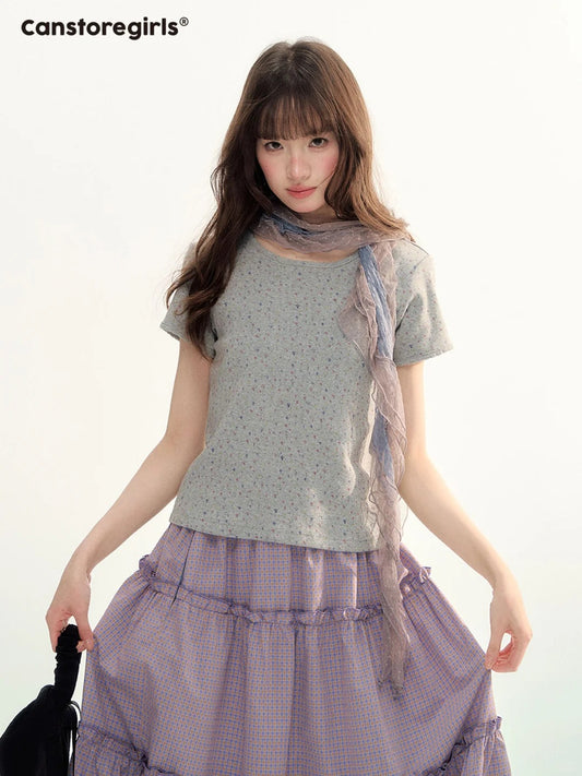 Grey Floral Lettuce Trim Fitted Baby Tee SJ2026090