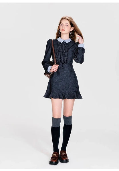 Contrast Color Shirt Collar Dress
