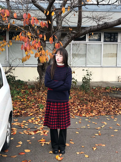 Zzouu - Cozy Dark Blue Heart Pullover Sweater