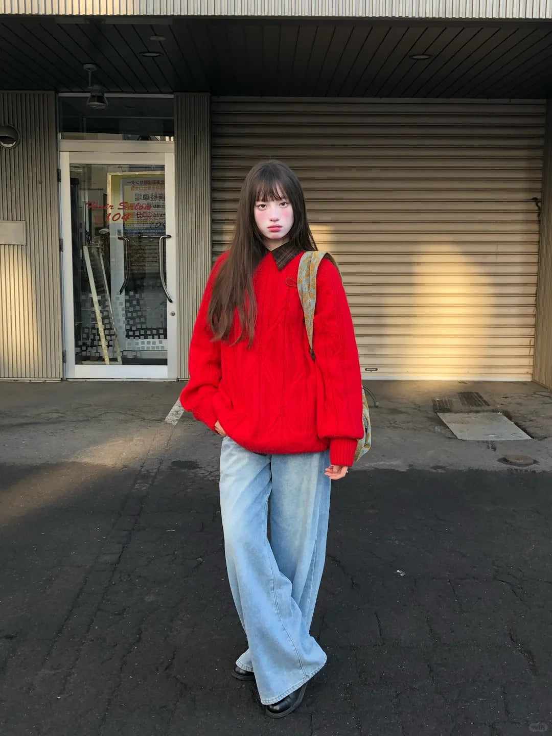 Zzouu - Plain Knitted Sweater - Red and White