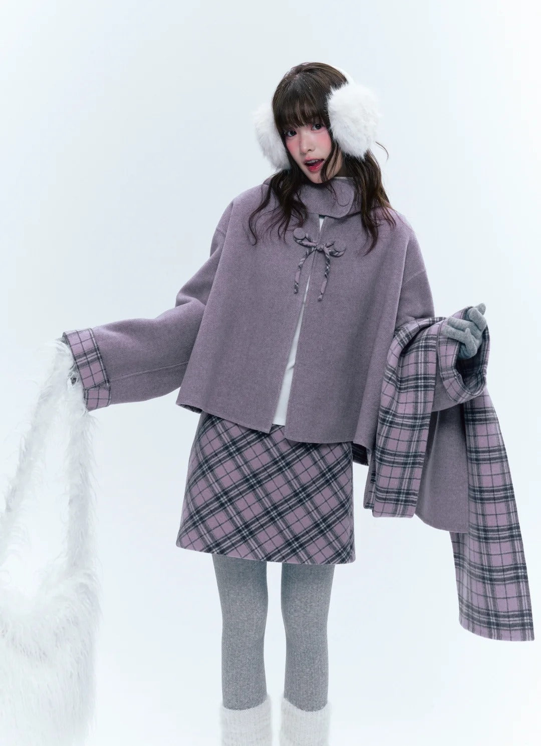 CREAMO2奶油氧气 - Soft Mauve Reversible Plaid Wool Cape Coat Set