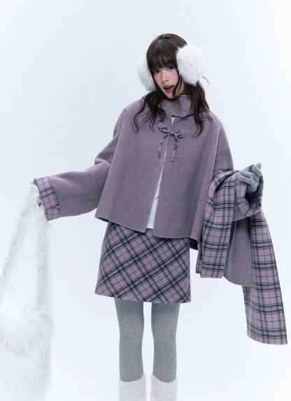 CREAMO2奶油氧气 - Soft Mauve Reversible Plaid Wool Cape Coat Set