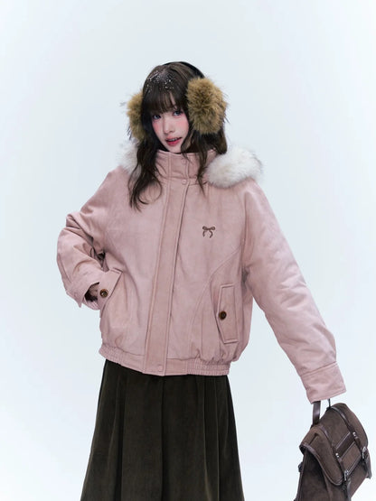 CREAMO2奶油氧气 - Misty Pink Sweet-Cool Detachable Fur-Trim Hooded Puffer Jacket