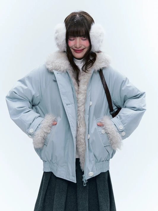 CREAMO2奶油氧气 - Mist Blue Contrast-Collar Short Down Jacket
