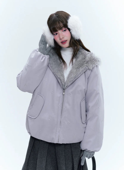 CREAMO2奶油氧气 - Soft Lilac Bow-Embroidered Eco Fur Puffer Jacket