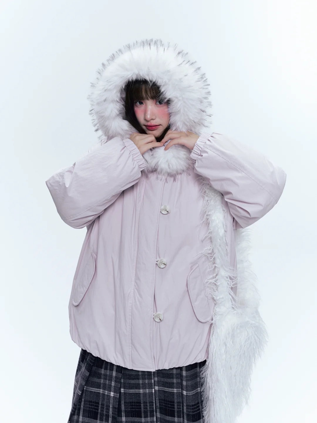 CREAMO2奶油氧气 - Soft Pink-Purple Detachable Fur Hooded Down Jacket