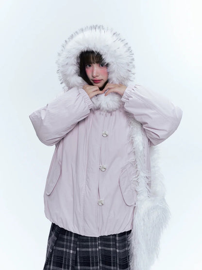 CREAMO2奶油氧气 - Soft Pink-Purple Detachable Fur Hooded Down Jacket