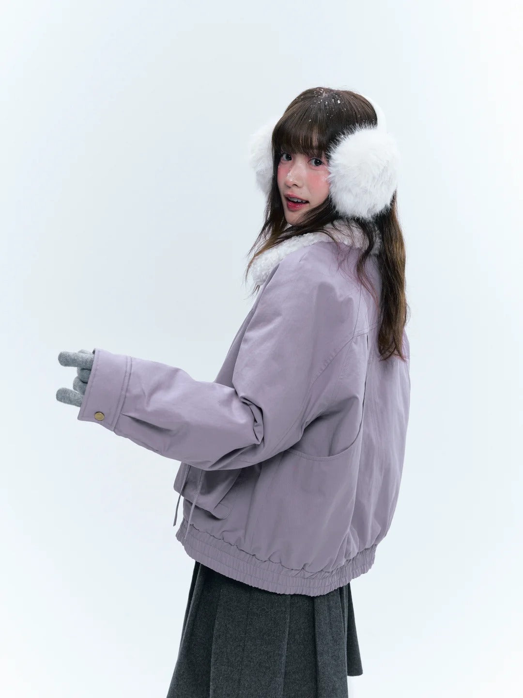CREAMO2奶油氧气 - Taro Gray-Purple Detachable Shearling-Collar Retro Padded Jacket
