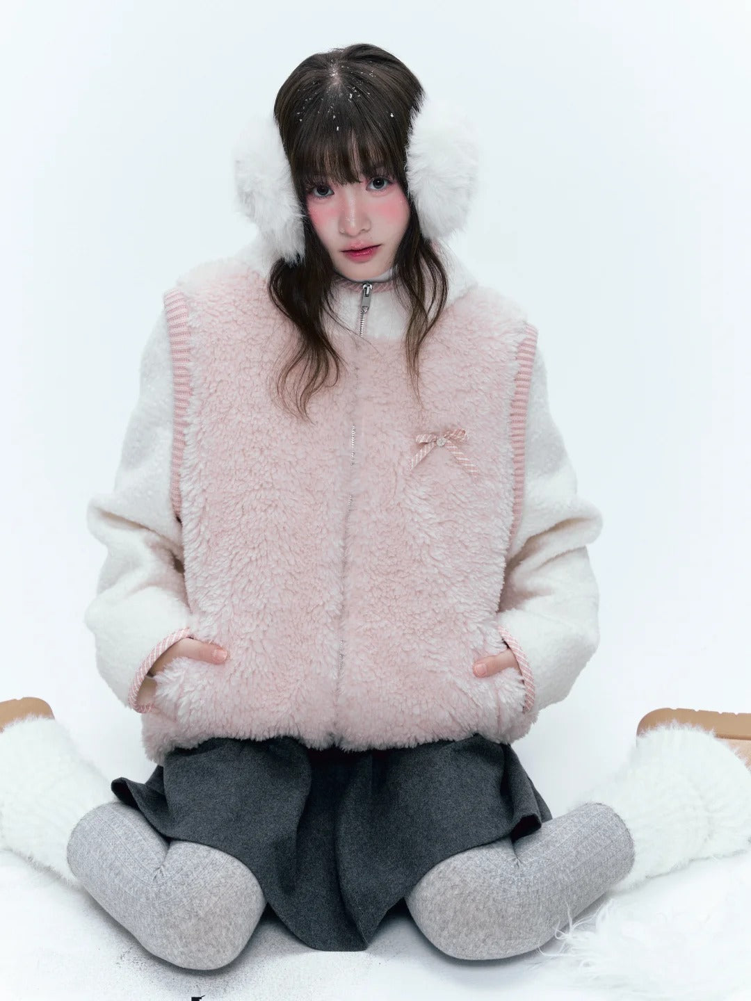 CREAMO2奶油氧气 - Pink & White Faux-Layered Teddy Padded Jacket
