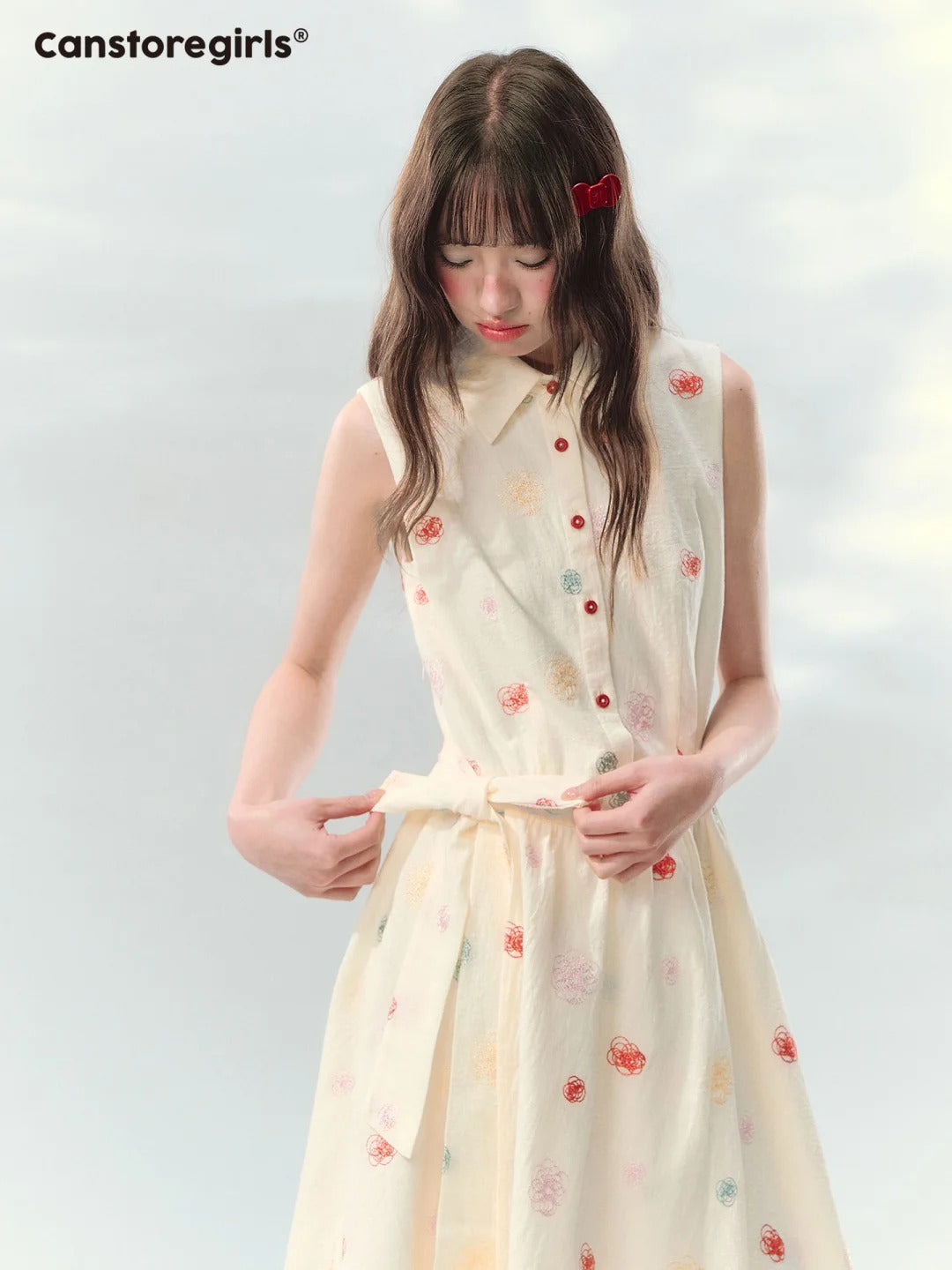 “Twin Bloom Letters” Cream Rose Embroidered Shirt Dress LL2026139