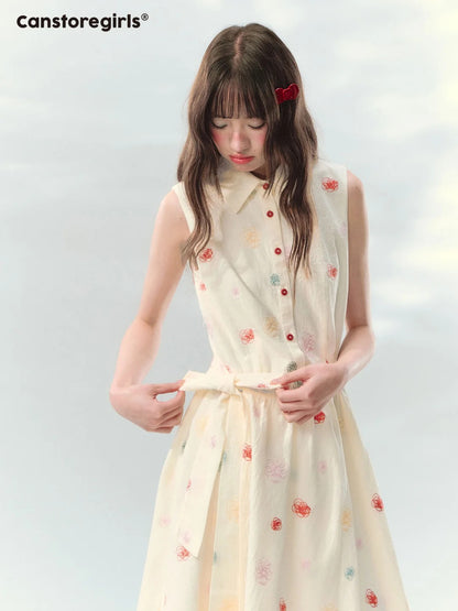 “Twin Bloom Letters” Cream Rose Embroidered Shirt Dress LL2026139