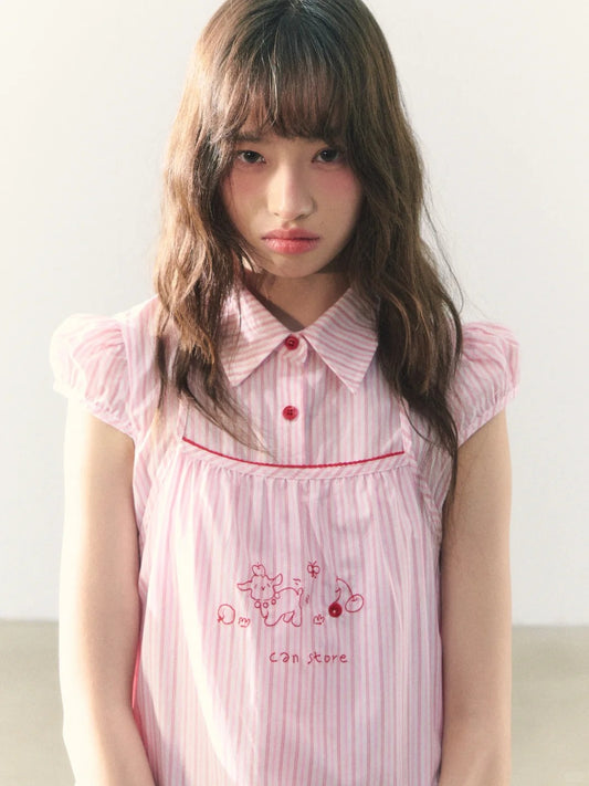 罐头士多所 - “Spring Lullaby” Pink Striped Shirt + Cami Two-Piece Set