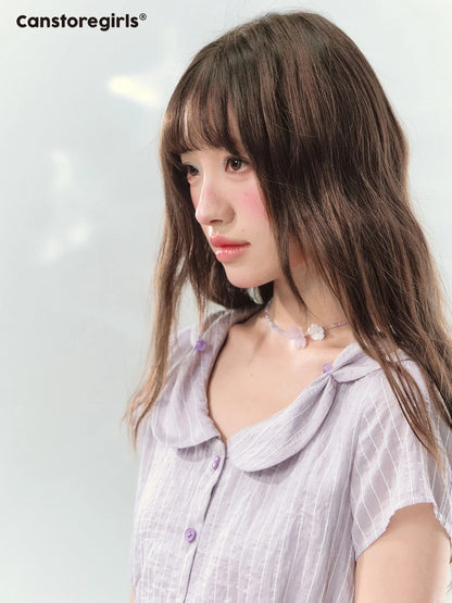 “Lavender Tea Mist” Lilac Stripe Puff Sleeve Dress LL2026137