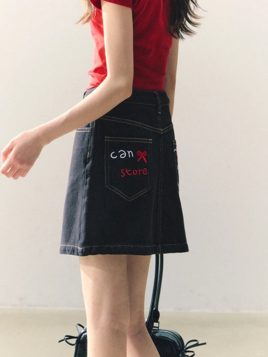 罐头士多所 - Original Girly Embroidered Denim A-Line Skirt