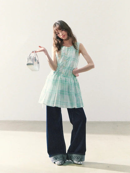 罐头粪便 - Preppy Style Plaid Sleeveless A-Line Midi Dress