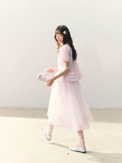 罐头士多所 - 樱绯雨 Pink Gingham Lace Shirt & Tulle-Accented Skirt Set