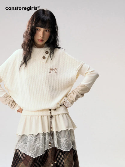 [CAN] "Cloud Knit Reverie" Ivory Cable Knit Bow Embroidered Vest