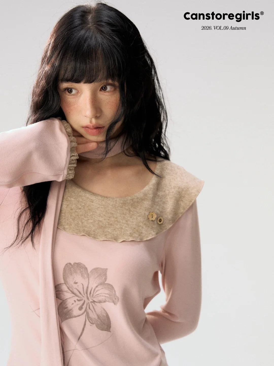 [CAN] "Dusky Floral Whispers" Blush & Chestnut Brown Set (Long Sleeve Top / Tassel Mini Skirt)