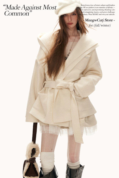 MAMC - White Double-Hood Wool Blend Tie Coat