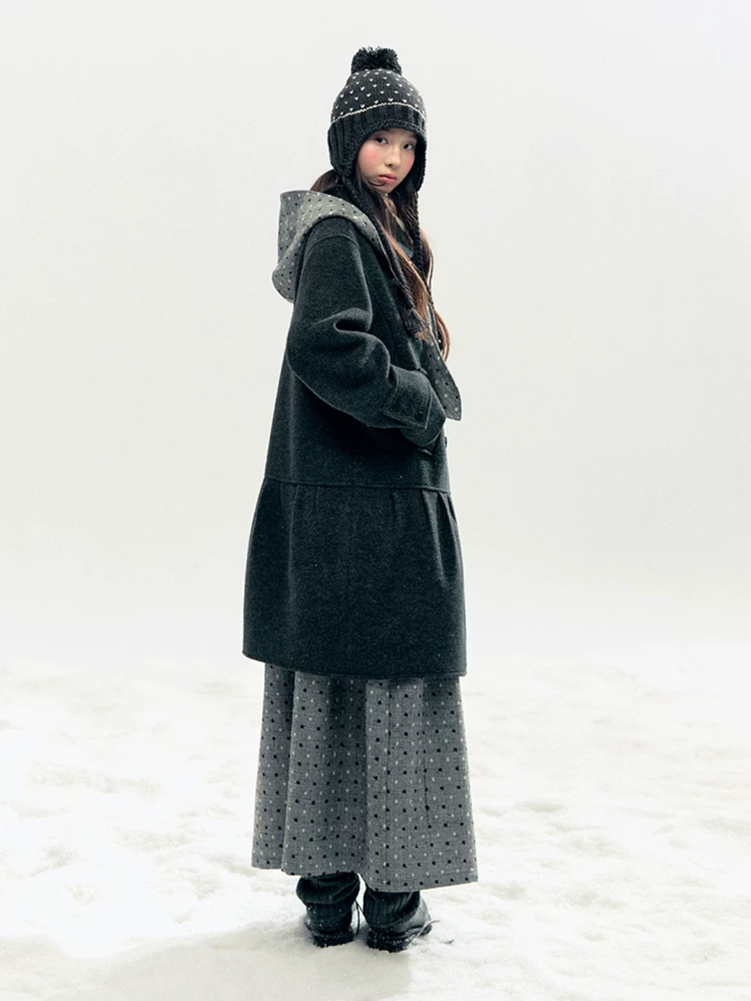 Horridale - "Snowfall Polka" Charcoal Polka Dot Wool-Blend Midi Skirt
