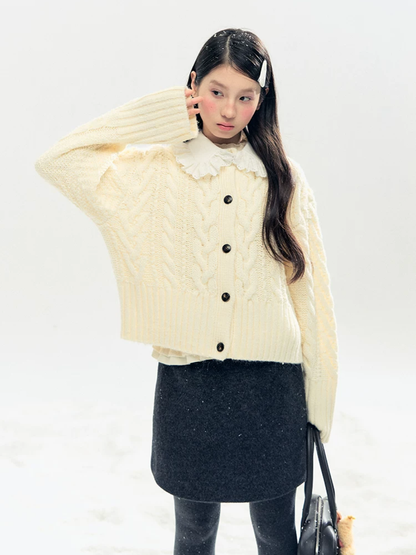 Horridale - "Cotton Mousse" Cable Knit Cardigan with Detachable Ruffle Collar (Cotton Blue/ Soft White)