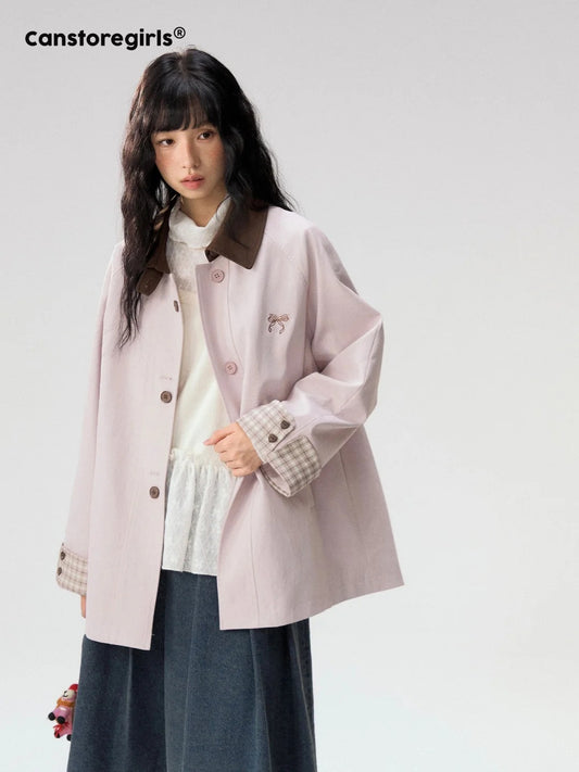 [CAN] Marshmallow & Cookie" Dusty Pink & Brown Plaid Bow Embroidered Trench Coat