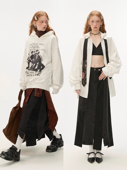 MAMC - Asymmetrical Denim & Faux Leather Panel Skirt