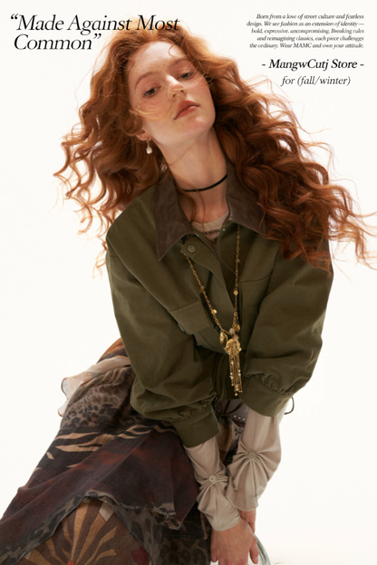 MAMC - Military Green Textured Snowflake-Fleece Utility Jacket with Faux Leather Collar