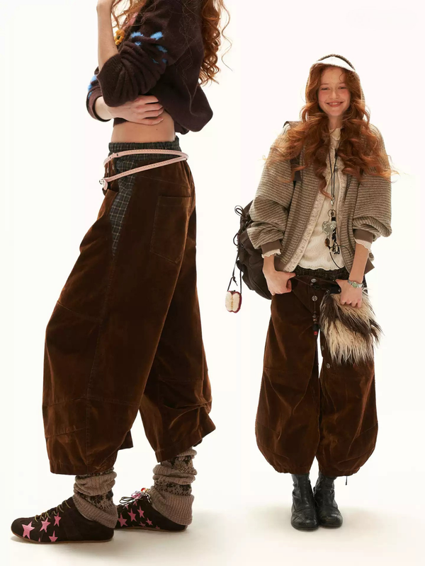 MAMC - Brown Plaid-Panel Cropped Denim Barrel-Leg Pants