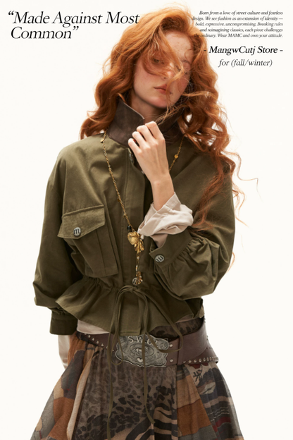 MAMC - Military Green Textured Snowflake-Fleece Utility Jacket with Faux Leather Collar