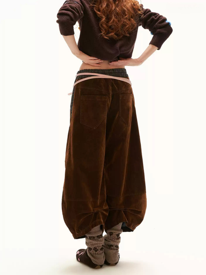 MAMC - Brown Plaid-Panel Cropped Denim Barrel-Leg Pants