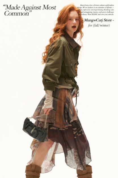 MAMC - Military Green Textured Snowflake-Fleece Utility Jacket with Faux Leather Collar