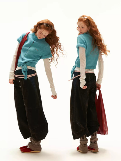 MAMC - Dark Coffee Brown Plaid-Panel Cropped Barrel-Leg Denim Pants