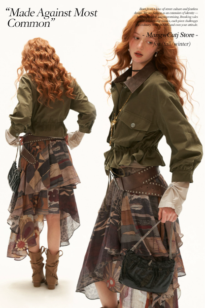 MAMC - Military Green Textured Snowflake-Fleece Utility Jacket with Faux Leather Collar