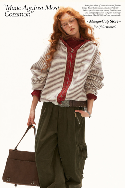 MAMC - Ivory Faux-Layered Striped Hooded Knit Sweatshirt