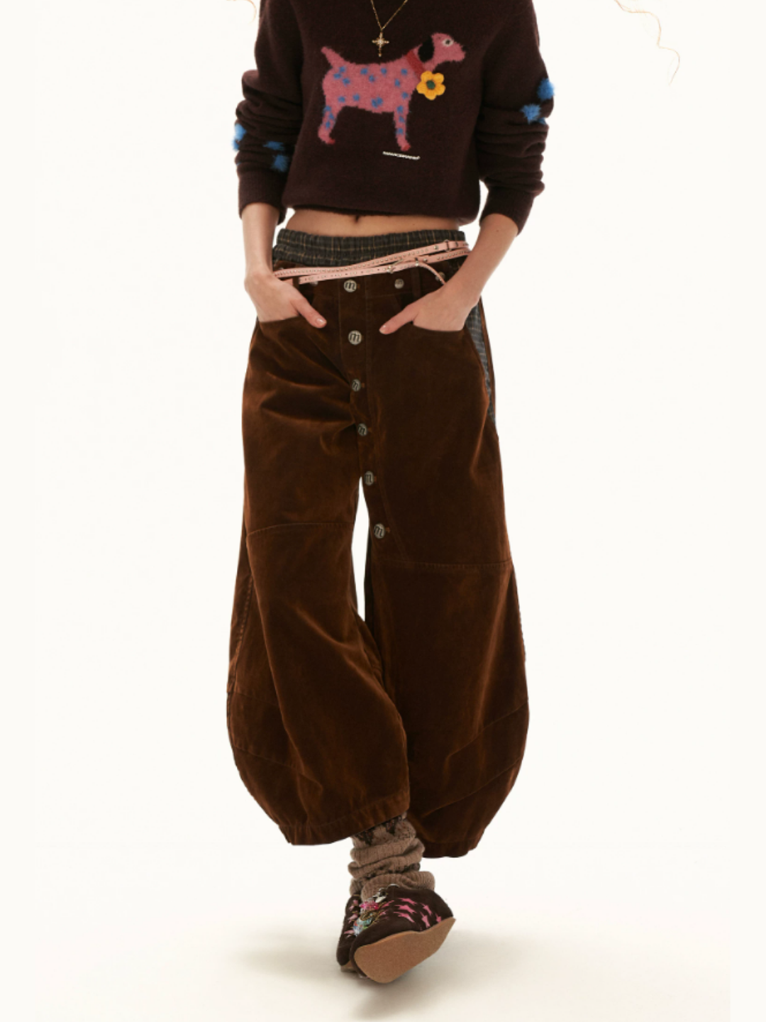 MAMC - Brown Plaid-Panel Cropped Denim Barrel-Leg Pants