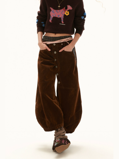 MAMC - Brown Plaid-Panel Cropped Denim Barrel-Leg Pants