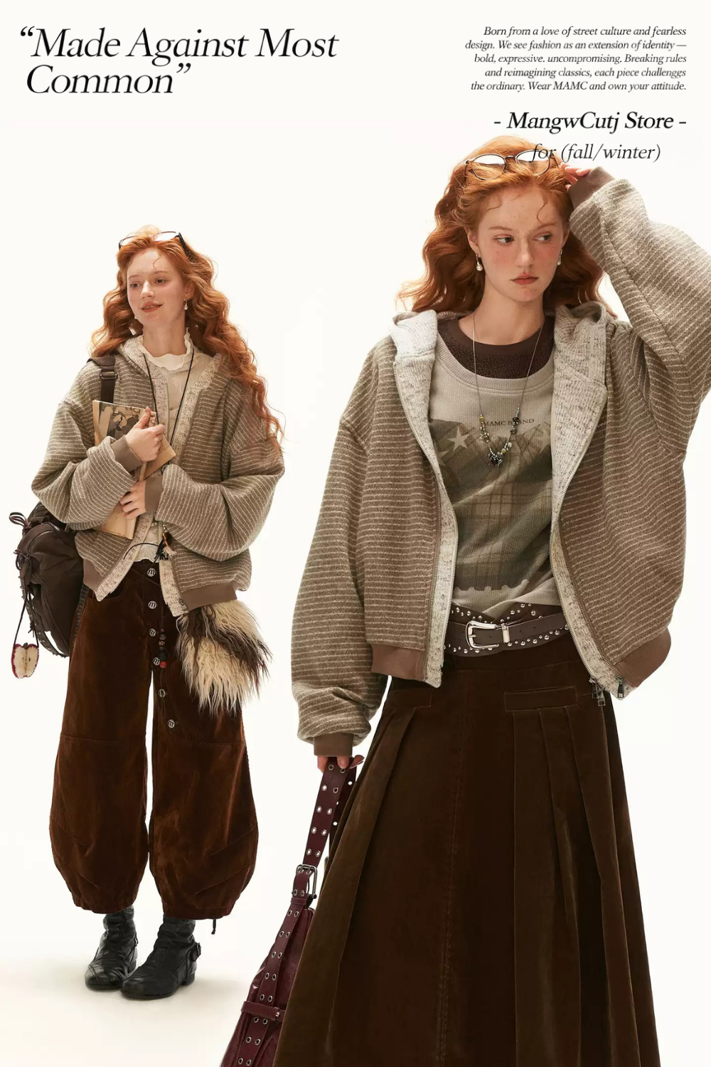 MAMC - Brown Faux-Layered Striped Hooded Knit Sweatshirt