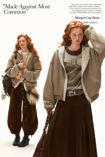 MAMC - Brown Faux-Layered Striped Hooded Knit Sweatshirt