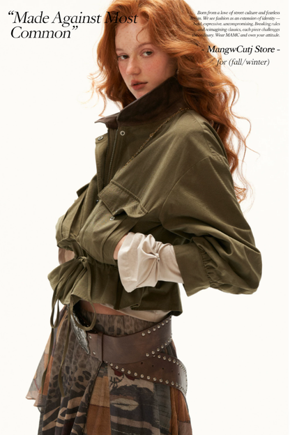 MAMC - Military Green Textured Snowflake-Fleece Utility Jacket with Faux Leather Collar