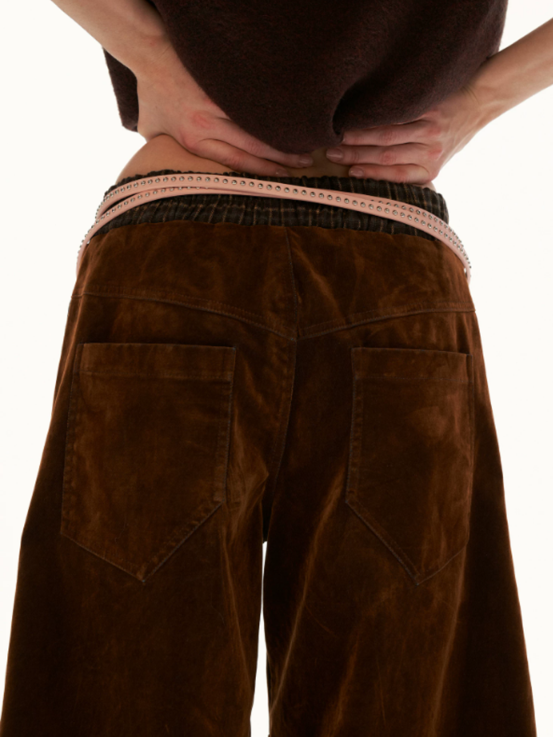 MAMC - Brown Plaid-Panel Cropped Denim Barrel-Leg Pants