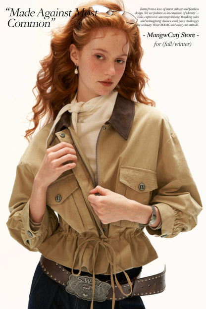 MAMC - Khaki Textured Snowflake-Fleece Utility Jacket with Faux Leather Collar